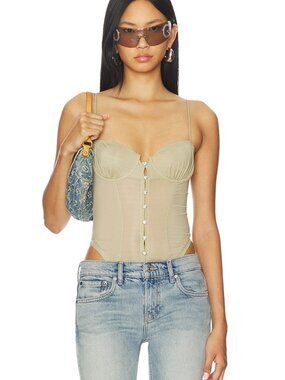 Poster Girl Sheer Gloss Taupe Rhinestone Heart Underwire Bodysuit S NWOT